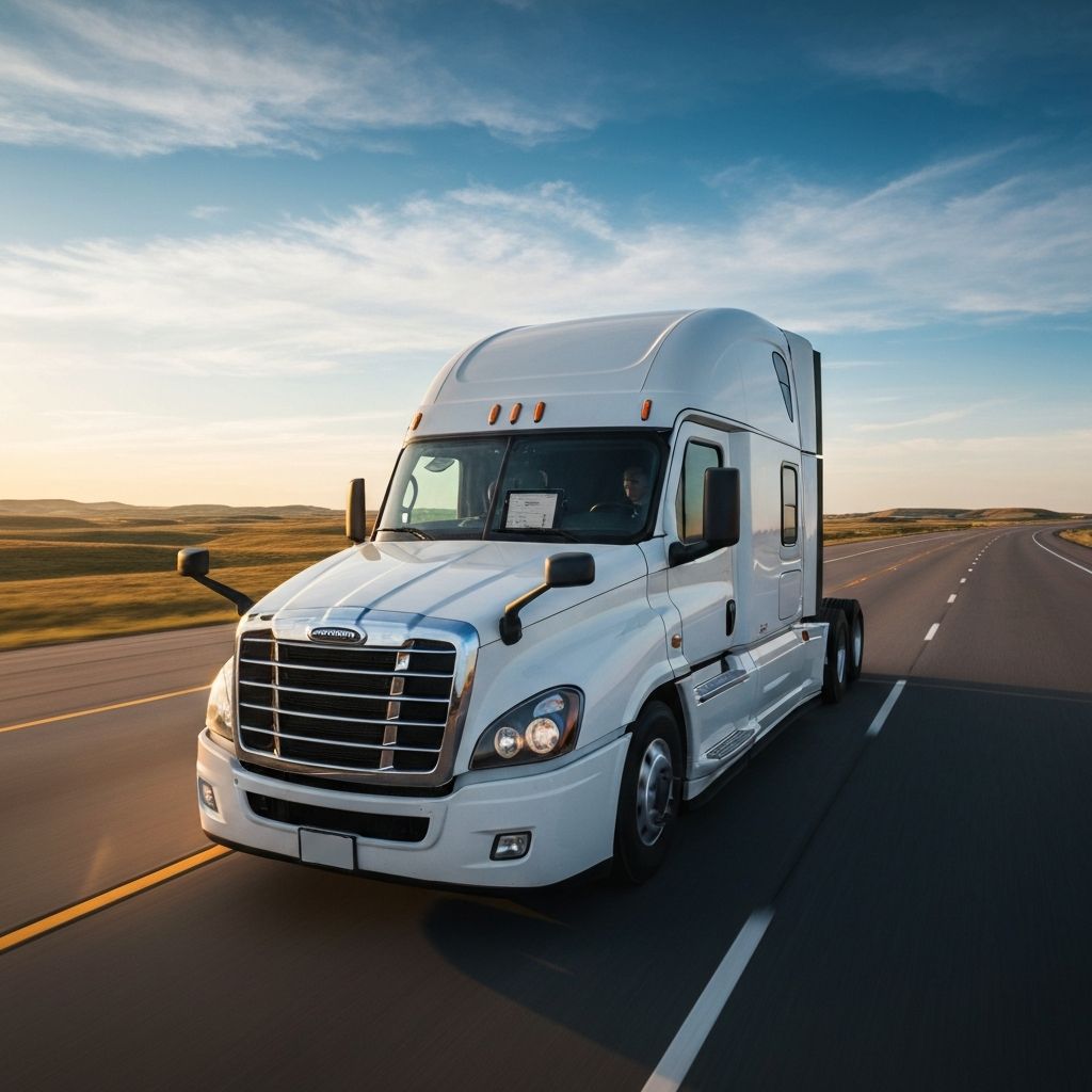 Modern semi-truck traveling on an open interstate at sunrise, representing FSF Logistics' reliable freight transportation services